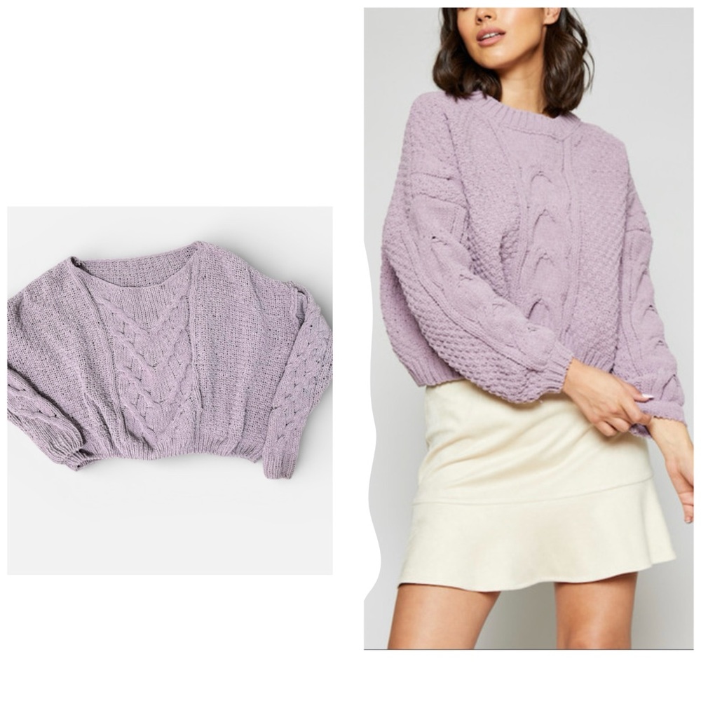 Lilac Chunky Cable Knit Crew Neck Crop Sweater, Medium